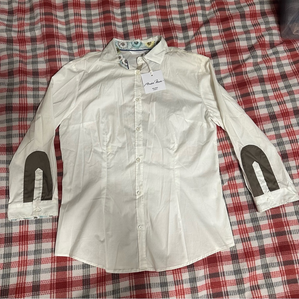 Brebis Noir women’s White Button Down Shirt with Brown Accents size 48 MD